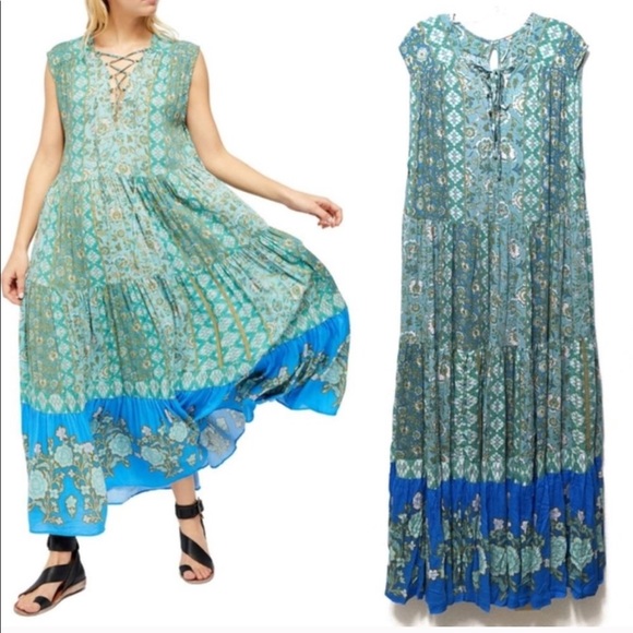 FREE PEOPLE Blue Boho Floral Print Crinkle Maxi Dress Teal Hanalei Bay - Picture 5 of 16